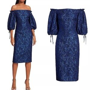 THEIA METALLIC‎ JACQUARD MIDI DRESS Size 4 Cloque Metallic Puff Sleeves $650